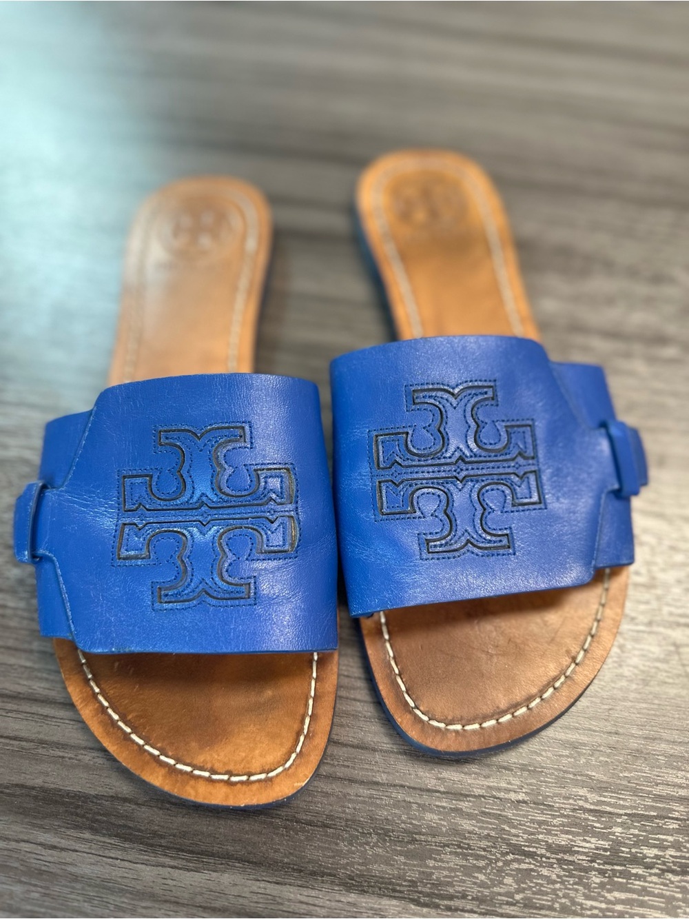 Tory Burch Royal Blue Leather Slide Sandals
